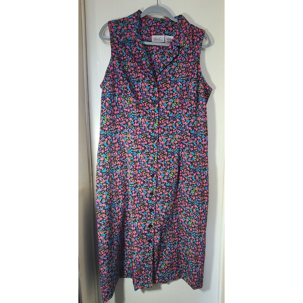 Kathie Lee Collection Floral Midi Dress Womens 18 Black Sleeveless Button Front